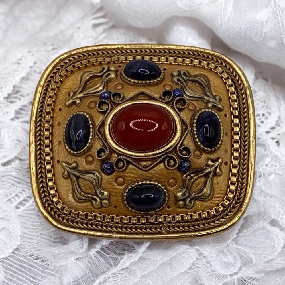 Elegant Gold and Red Signed Michal Golan Brooch and Pendantwith real gemstones.